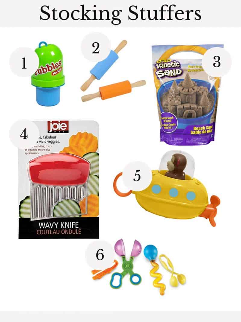 Screen Free Holiday Gift Guide-Stocking Stuffers 1. Flubbles 2.play dough rolling pins 3.kinetic sand 4. Crinkle cutter 5.bath toy 6. helping hands
