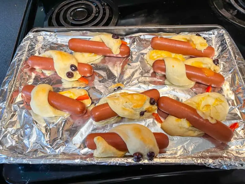 Image of failed "snake-dogs". Hot dogs wrapped in breadsticks and cheese trying to look like snakes.