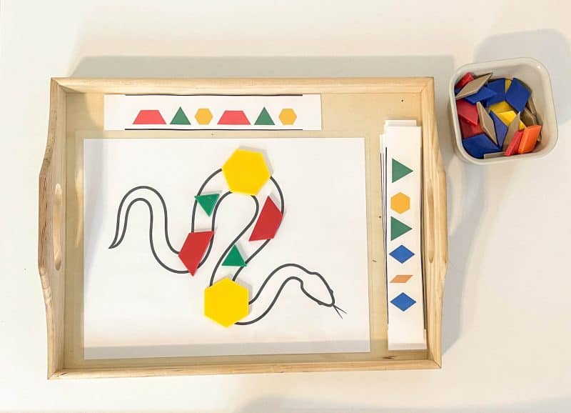 Snake Pattern activity. Picture of a white snake with colored shapes making a pattern on its back. Strips of papers that have colored shapes patterns. A bowl of shapes not to it.