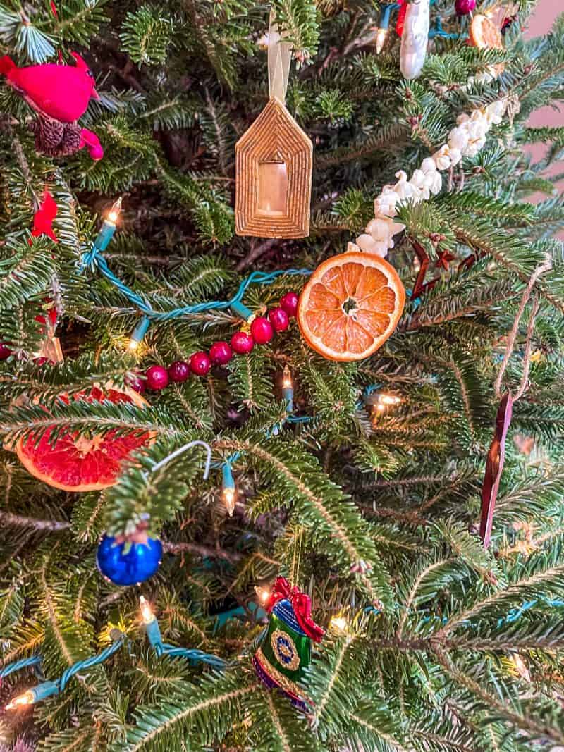 Dried fruit garland of dried oranges, cranberries, and popcorn strung on a Christmas tree with ornaments and lights