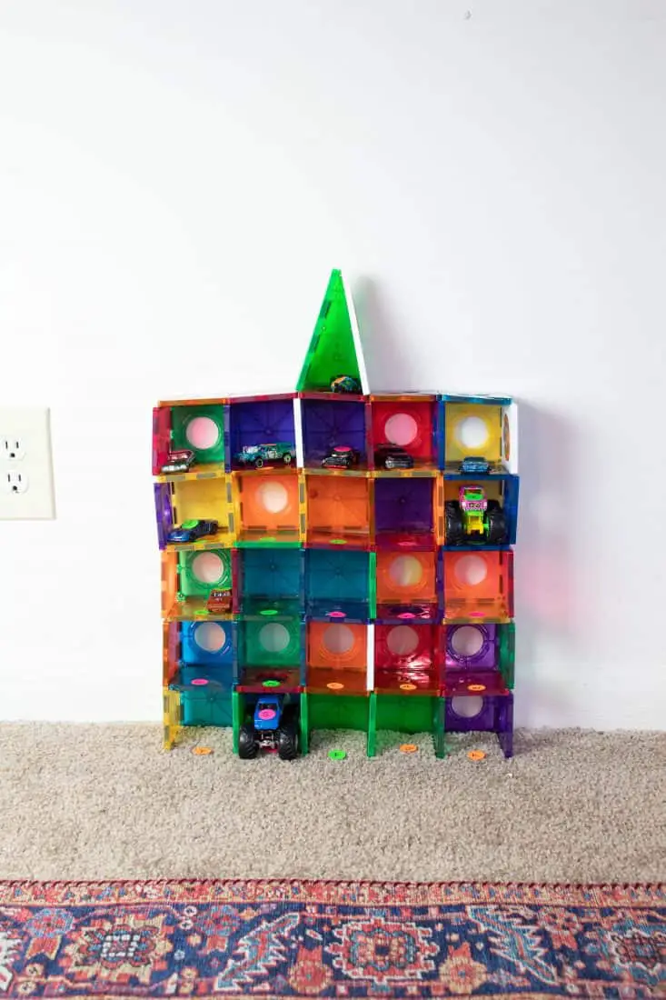 Magnetic tile activity. A "parking garage built out of magnetic tiles with cars in the spaces.