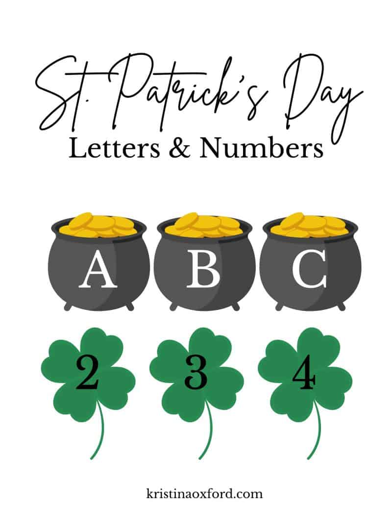 Free St. Patrick's Day letters and numbers printable for preschoolers.