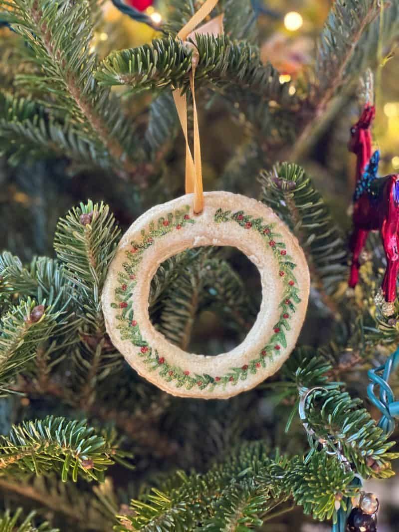Wreath Salt Dough Ornament hung on a Christmas Tree